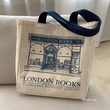 Women Canvas Shoulder Bag London Books Print Ladies Casual Handbag Tote Bag Daugkartinio naudojimo didelės talpos medvilninis pirkinių paplūdimio krepšys