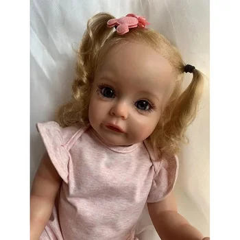 55cm Visas silikoninis kūnas Sue-sue Reborn Baby Princess Doll Lifelike Rankomis detalizuota 3D dažyta oda su Blone įsišaknijusiais plaukais gali maudytis