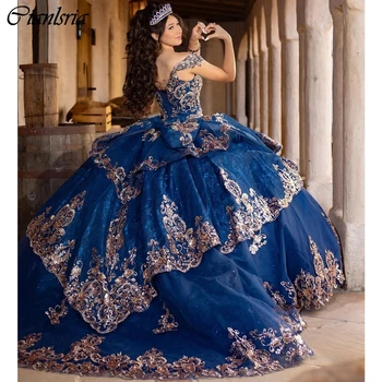 Blue Sequined Appliques Lace Ball Gown Quinceanera Dresses Off The Shoulder Ruffles Corset Vestidos De 15 Años