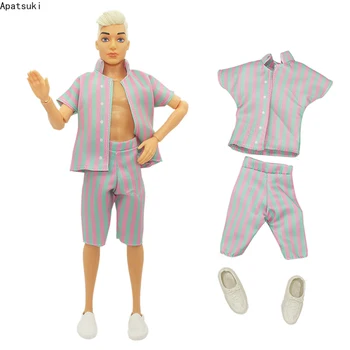 Filmų mados apranga Ken Boy lėlės drabužiai Dryžuoti marškinėliai Šortai Balti batai Barbės vaikinui Keno lėlės aksesuarai