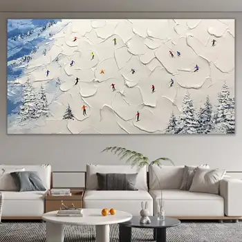 Slidinėjimo sportas Rankomis dažyta aliejinė tapyba ant drobės Žiemos dekoro tekstūra Sienų menas Personalizuota dovana Slidininkas ant snieguoto kalno namų dekoras