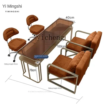 CL Karamelės rudos nagų stalas ir kėdės komplektas Stiklinis nagų parduotuvės stalas su lizdu