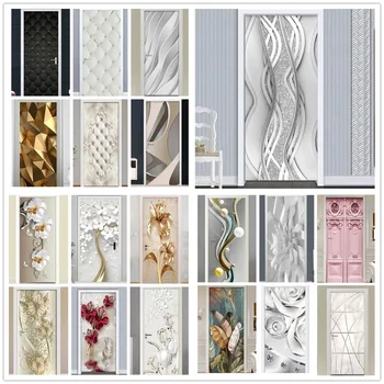 3D durų lipdukas Moderni abstrakti mados linija Sidabrinis perlas Tapetai Svetainės menas Durų plakatas Lipnūs freskos lipdukai