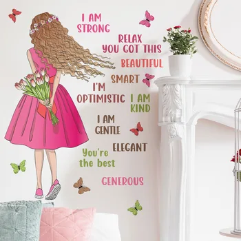 Anglų įkvepiantis šūkis Fonas Drugelio mergaitės dekoracija, Lipnus sieninis lipdukas