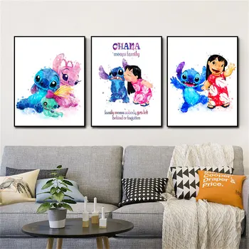 Disney Lilo ir dygsnio drobės spausdinimas Ohana reiškia šeimos citatą Akvarelės darželis Sienų meno dekoras Vaikų gimtadienio dovanos Berėmis
