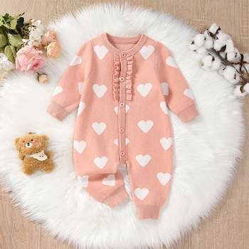 Baby Girls Megztinis Romper Heart Print kombinezonai ilgomis rankovėmis naujagimiui Mažylis Mieli drabužėliai