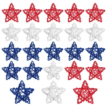 24 vnt Liepos 4 d. Natūralios rotango žvaigždės Patriotinės raudonos baltos ir mėlynos pintos rotango žvaigždės Ornamentas Kabanti rotango žvaigždė
