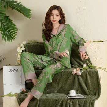 Loungewear Moteriški Satin miego drabužiai Žalias šilkas Pižama Moterys Rudens mados spauda Gėlės Pižamos komplektas ilgomis rankovėmis Namų kostiumas Pižamos