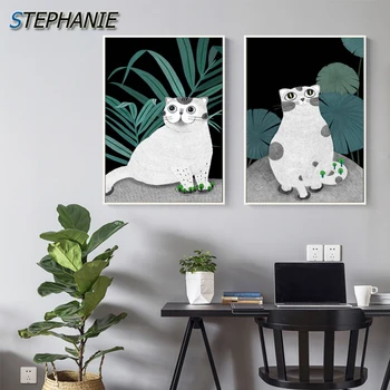 Nordic Green Plant Cat Life Poster N Print Unique Cute Kitten Cat Wall Picture for Living Room Abstract Canvas Art Tableaux