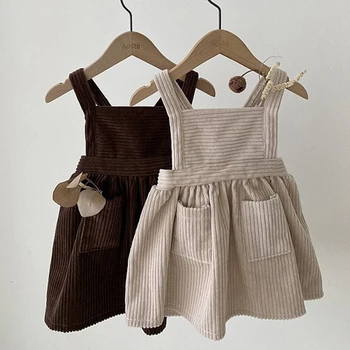 Vintažinė ruda Velvetinė Mažos mergaitės Dirželis Suknelė Dvigubos kišenės Mažylis Baby Xmas suknelės Pavasariniai žieminiai vaikiški drabužiai