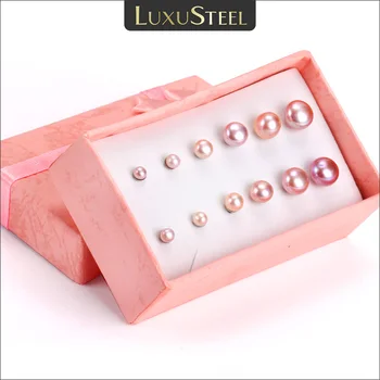 LUXUSTEEL 6pairs/box Pink/White gėlavandenių perlų auskarai moterims Nerūdijančio plieno auskarų rinkiniai Pendientes Mujer Party