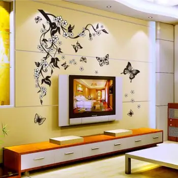 Black Flower Vine Butterfly Flowers Pasidaryk pats PVC nuimami sienų lipdukai Namų dekoro freska Decal Art TV / sofos fonas