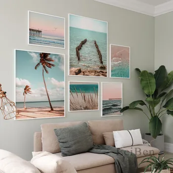 Tropinių atostogų jūros peizažo plakatas Rožinė drobė Tapyba Tiltas Kokosų kviečiai Malonus peizažas Paveikslėlis namų svetainės dekorui