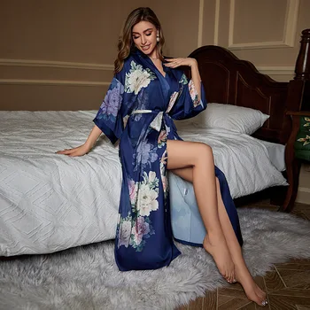 Oversize Bathrobe Women Satin Nighty Chalate Sleepshirt Print Kimono Gown Sleepwear Summer Nightgown Casual Loungewear