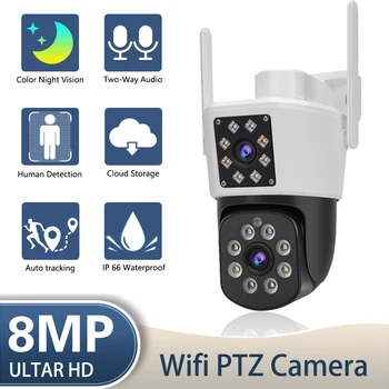 8MP 4K Dvigubas objektyvas WiF Smart PTZ IP kamera Dvigubas ekranas Lauko spalvų naktinis matymas AI automatinis sekimas Belaidė vaizdo stebėjimo kamera