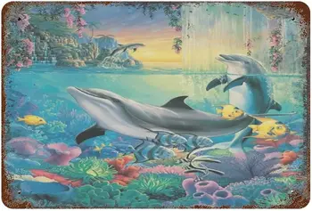 Laimingi delfinai vandenyne Jūros gyvūnas Puošyba Vandenyno tematika Jūrų kūryba Metalo skardos ženklas Spausdinti Juokingas retro