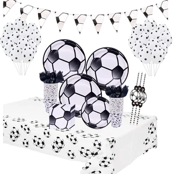 Futbolo tema Gimtadienio vakarėlis Stalo reikmenų rinkiniai Lėkštės Servetėlių puodeliai Šiaudiniai Vaikai Palankiai vertina berniukus Gimtadienio šventės dekoracijos