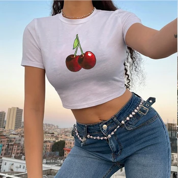Y2k Estetiški moteriški marškinėliai Kawaii Graphic Baby Tee Korėjos mados viršūnės Gatvės drabužiai Balti Crop Tops Vasaros šaunūs drabužiai Pajūris