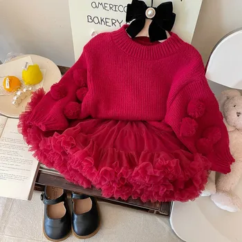 Princesės mergaičių žieminiai drabužiai Mieli megztiniai Vaikai Korėjietiškų žibintų rankovės Megztinis Šiltas sutirštintas trikotažas Minkštas rankų darbo kamuoliukas
