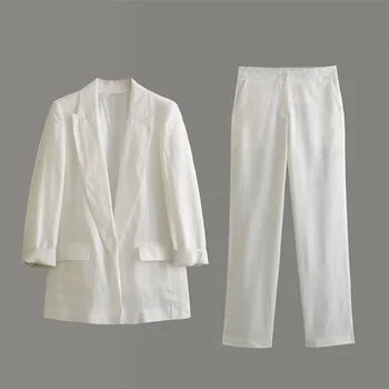UNIZER 2023 Autumn New Women's Loose Linen Blended Suit Coat Fashion High Waist Straight Legs Pants Set