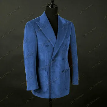 YIWUMENSA Mėlyna/Ruda Velvetinis švarkas Masculino Slim Fit Coat Smoking Business Dvibučio kostiumo striukės Veste kostiumas Homme