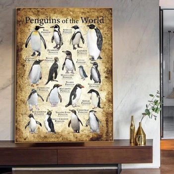 Vintažinis pingvinų drobės tapyba Sienų menas Šiuolaikiniai pasaulio pingvinai Spausdinti gyvūnai Paveikslėliai Žinios biuro sienų dekorui