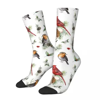 Žiemos šilta mada Vyrų moterų akvarelė Kalėdiniai paukščiai ir augalai Kojinės Rankomis dažytas bulius Kvėpuojančios krepšinio kojinės