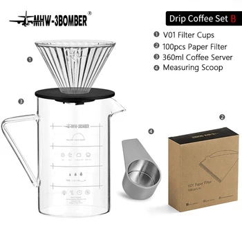 MHW-3BOMBER Pour Over Coffee Dripper Komplekte yra 360ml Kavos stiklo serverio puodas 100vnt Popieriniai filtrai 1 samtelis ir alaus lašintuvas