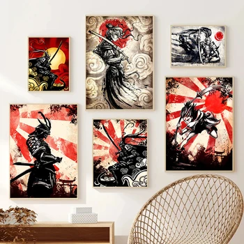 Japonų samurajų karys Rašalo plovimas Senoviniai plakatai Atspaudai Drobė Tapyba Šarvai Kardas Manga Sienų menas Paveikslėlis kambario namų dekorui