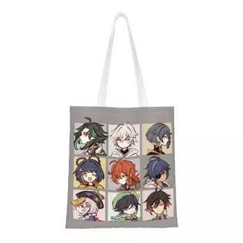 Genshin Impact Characters Chibi Assemble Eco Shoulder Bags Women Tote Bag Cute Manga Large Capacity Shopping Tote Canvas Bag