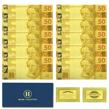 10vnt ir vokas Brazilijos aukso folijos banknotai 50 realų proginiai nesuvenyriniai dirbiniai