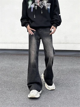 Jeans de perna larga masculino, calça džinsai preta streetwear largo, cala casual, moda vintagedesigner,