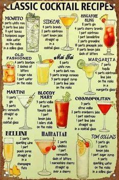 Klasikiniai kokteilių receptai Alavo ženklas Alaus vyno gėrimų sąrašo plakatas,Žmogaus urvo dekoras,Baro senovinės metalinės skardos ženklai,Garažas