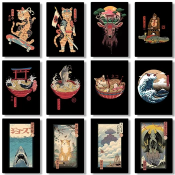 Japonija Ukiyo-e Anime riedlentė Katė Bangos Tigras Retro tapyba Paveikslas Svetainė Miegamasis Kokybė Drobė Menas Pagrindinis Sienų dekoro plakatai