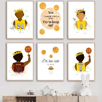 Individualus pavadinimas Boho Black Boys Basketball Sports Wall Art Canvas Painting Vaikų darželio plakatai ir spaudiniai Sieniniai paveikslėliai Kūdikių kambario dekoras