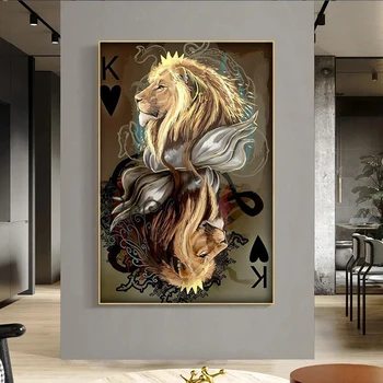 Animal Lion Poker Canvas Wall Art Canvas Print Animal Painting Plakatai ir spaudiniai Retro dekoratyvinės sieninės nuotraukos svetainei