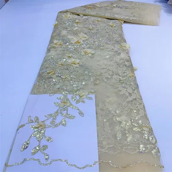 Aukštos kokybės Afrikos Nigerijos tiulio nėrinių audinys su blizgučiais siuvinėjimais Siuvimas Guipure Yellow Prom suknelės 3D gėlė 5yards
