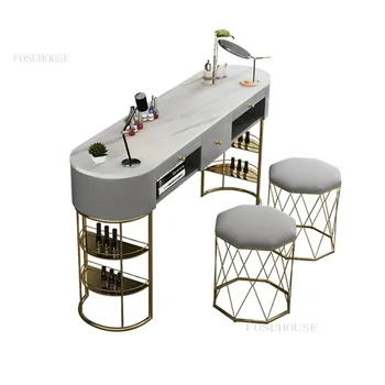Nordic Marble Nail Stalas Salono baldai Kūrybinis manikiūro stalas Šviesus prabangus viengubas arba dvivietis profesionalus manikiūro stalo komplektas U