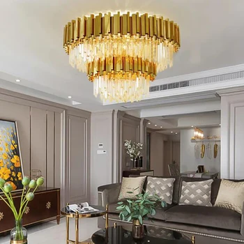 Didelis fojė auksas Krištolo lubos Šviestuvas svetainei Prabangus namų dekoras chromas Cristal Lustre Flush Mount haning lempa