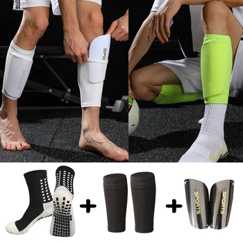 Visą sezoną A komplektas Sportinė įranga Anti Slip Futbolo Kojinės Suaugusiųjų futbolas Blauzdos apsaugos Pagalvėlės su kišeninėmis kojų rankovėmis Atraminė kojinė