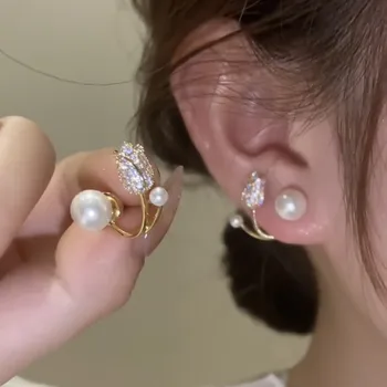 Lengvi prabangūs krištolo tulpės žiedo smeigės auskarai moterims Korėjos cirkonas Išskirtinis papuošalų vakarėlis Merginos madingi neįprasti auskarai