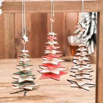 žvaigždutės daugiasluoksnės eglutės pakabukas Trimatis medinis eglutės ornamentas mažas su varpelio kalėdinėmis dekoracijomis