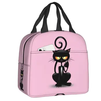Animacinis filmas Juokinga juoda katė izoliuota pietų dėžutė moterims Nešiojamas terminis aušintuvas Pietų krepšys Darbo piknikas Maisto konteineris Tote krepšiai