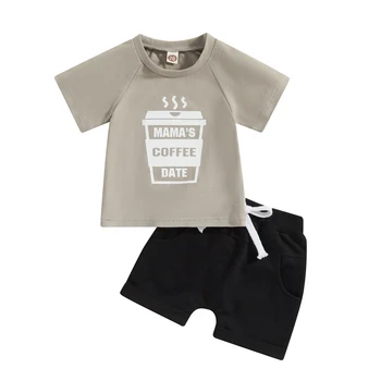 Infant Boys Drabužių komplektas Letter Coffee Print Crew Kaklo marškinėliai trumpomis rankovėmis ir vienspalviai šortai 2Vnt kostiumas