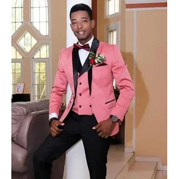 Naujas vyriškas kostiumas 3 dalys Casual Slim Fit Pink Notch Lapel Vest Best Man Tuxedo For Wedding Party Suits(Blazer+Vest+Pants)