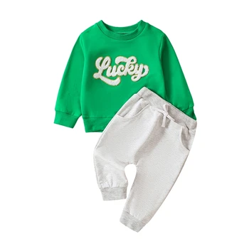 St Patricks Day Apranga Baby Boy Girl džemperis Letter Print Marškiniai ilgomis rankovėmis Kelnių viršus Kelnių komplektas 0 3 6 9 12 18 24 Mėnuo
