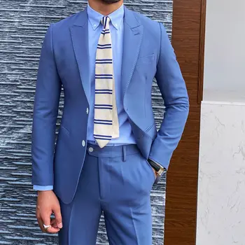 Dviejų dalių švarko kelnės Kostiumai vyrams Terno Hombres Blue Single Breasted Peaked Lapel Elegant Formal Slim Fit Custom Made 2023
