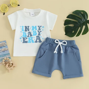 Mažyliai berniukai Vasaros apranga Laiškų spausdinimas Marškinėliai trumpomis rankovėmis Viršus ir elastiniai juosmens šortai 2Vnt drabužių komplektas