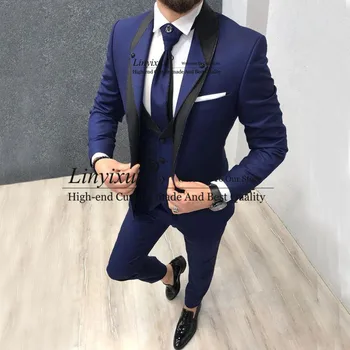 Navy Blue Wedding Suit for Men Slim Fit Tuxedos 3 Pieces Groomsmen Party Prom Blazers 3 Pieces Packages Costume Homme Marrige
