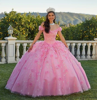 Lorencia Pink Quinceanera suknelė Ball Gown 2024 Flowers Appliques Sequins Beading Sweet 15 16 Suknelė Vestidos De 15 Años YQD128
